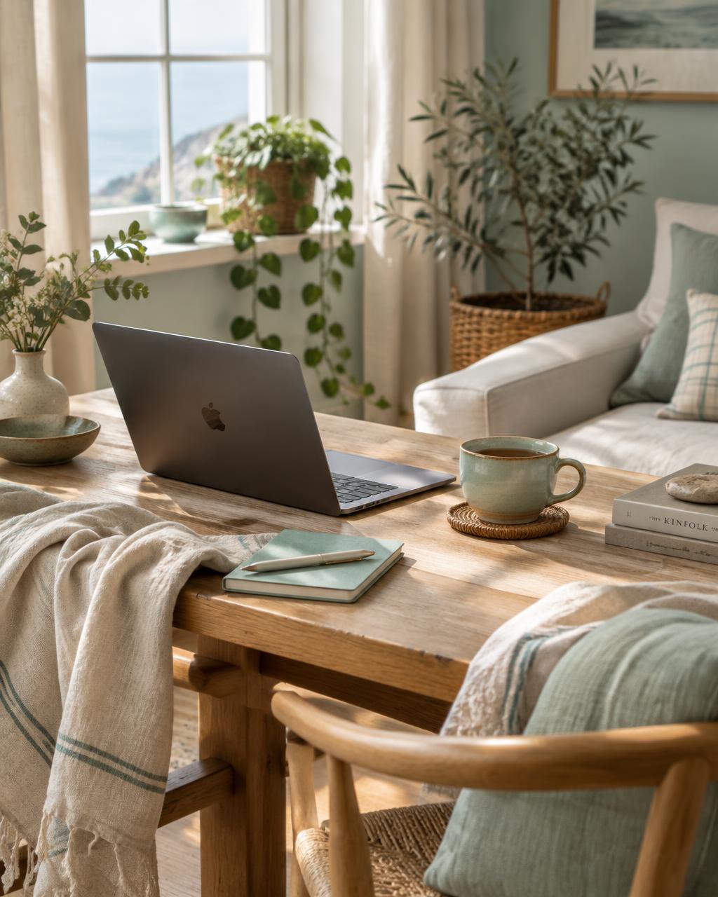 A calm, sunlit home workspace with tea and a laptop