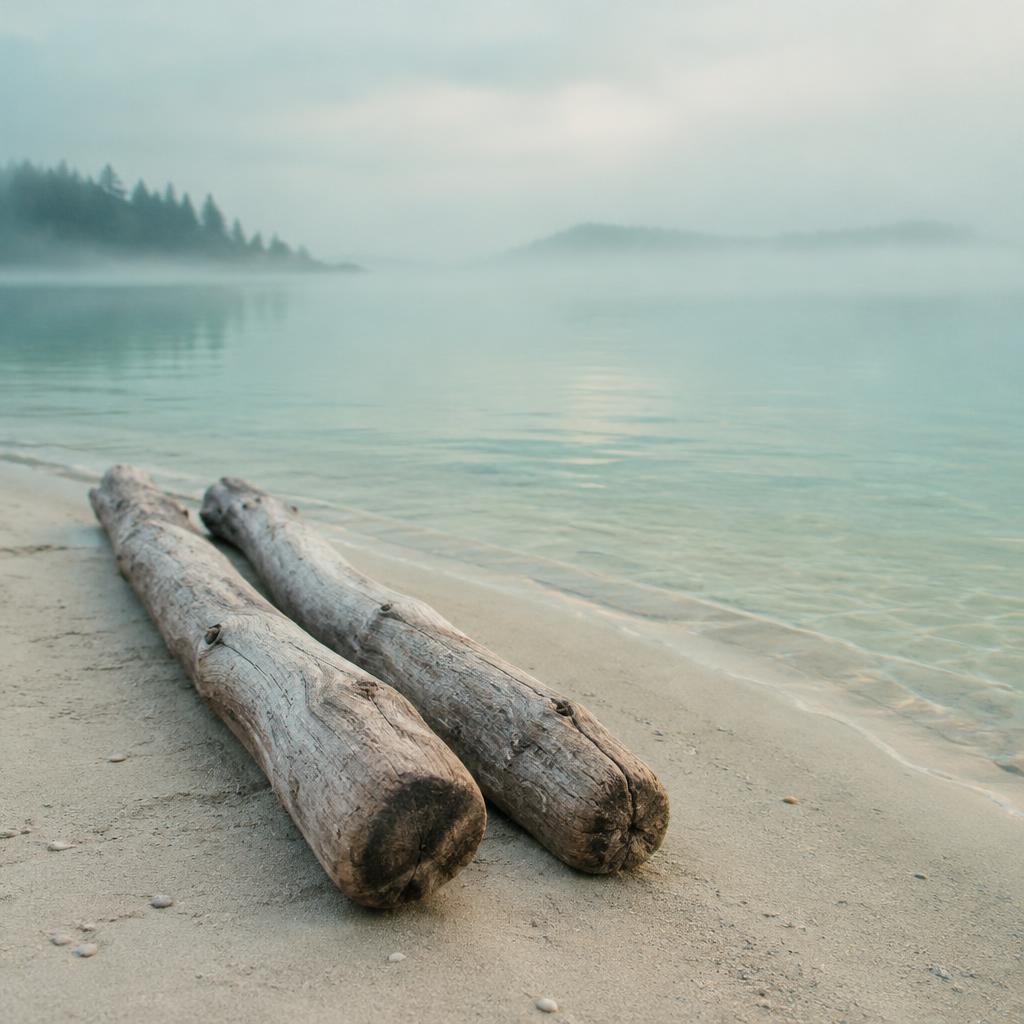 Two driftwood logs resting side by side on a calm shore
