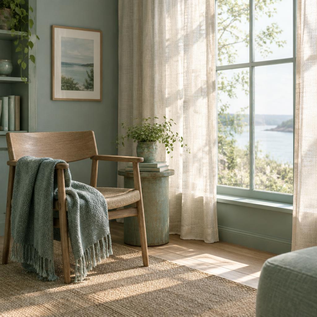 A quiet sunlit reading nook beside a window