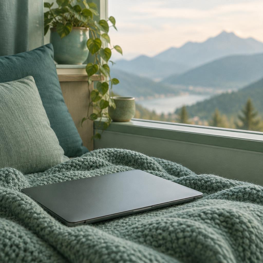 A laptop resting on a soft blanket beside a window